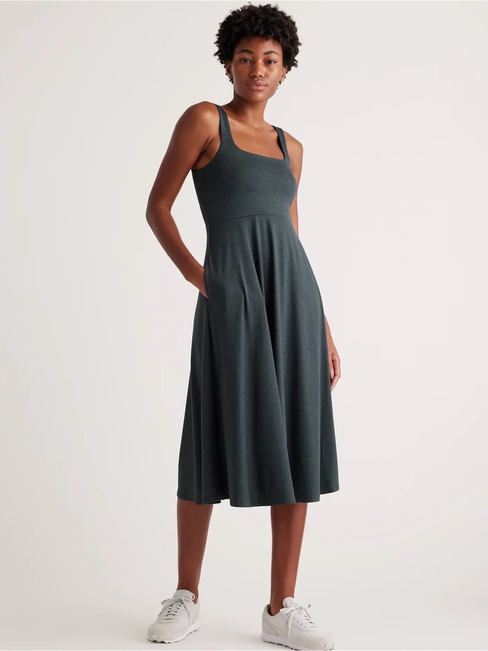Quince Womens flowknit Fit & Flare Knit Midi Dress Blue Scoop Neck thumb wear S